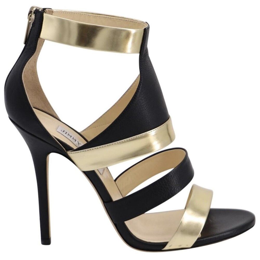 Jimmy Choo Besso Black & Gold Leather Ankle Sandal Shoes Size 39.5 US 9.5